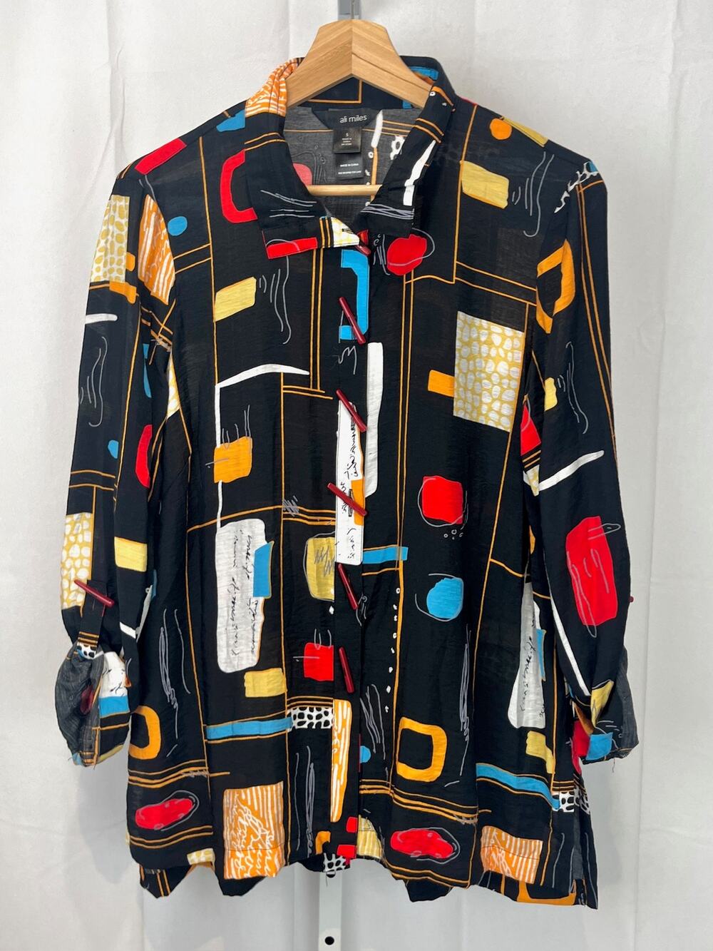 ALI MILES Geometric Printed Button Up Tunic Top Artsy Black Multicolor Size S